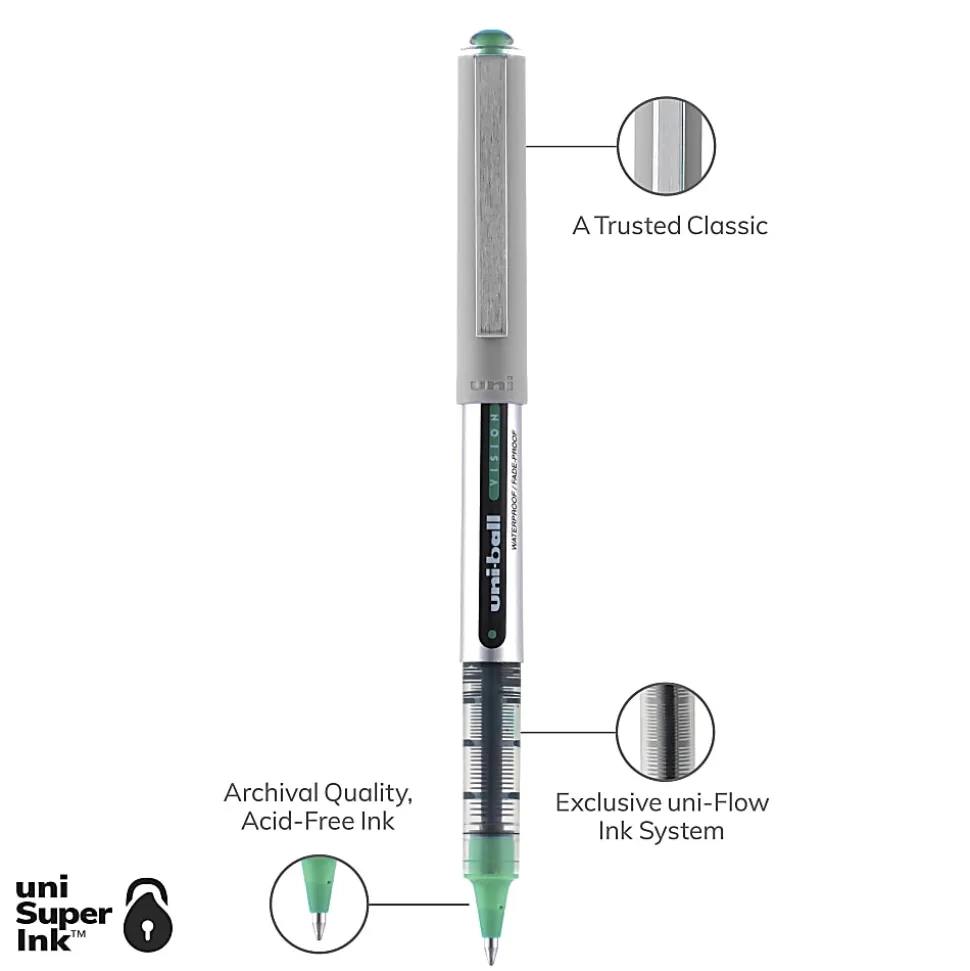 Uni-Ball Vision Rollerball Pens, Pack Of 12, Fine Point, 0.7 mm, Silver Barrel, Green Ink