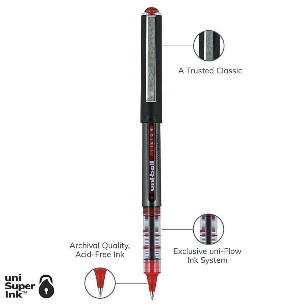 uni-ball® Vision™ Rollerball Pens, Micro Point, 0.5 mm, Black Barrel, Red Ink, Pack Of 12