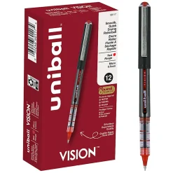 uni-ball® Vision™ Rollerball Pens, Micro Point, 0.5 mm, Black Barrel, Red Ink, Pack Of 12