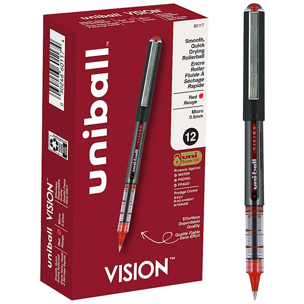 uni-ball® Vision™ Rollerball Pens, Micro Point, 0.5 mm, Black Barrel, Red Ink, Pack Of 12