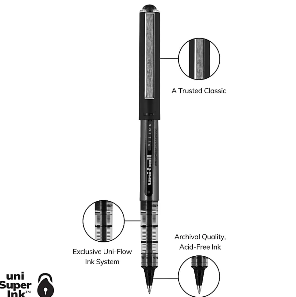 uni-ball® Vision™ Rollerball Pens, Micro Point, 0.5 mm, Black Barrel, Black Ink, Pack Of 12
