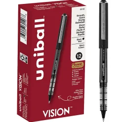 uni-ball® Vision™ Rollerball Pens, Micro Point, 0.5 mm, Black Barrel, Black Ink, Pack Of 12