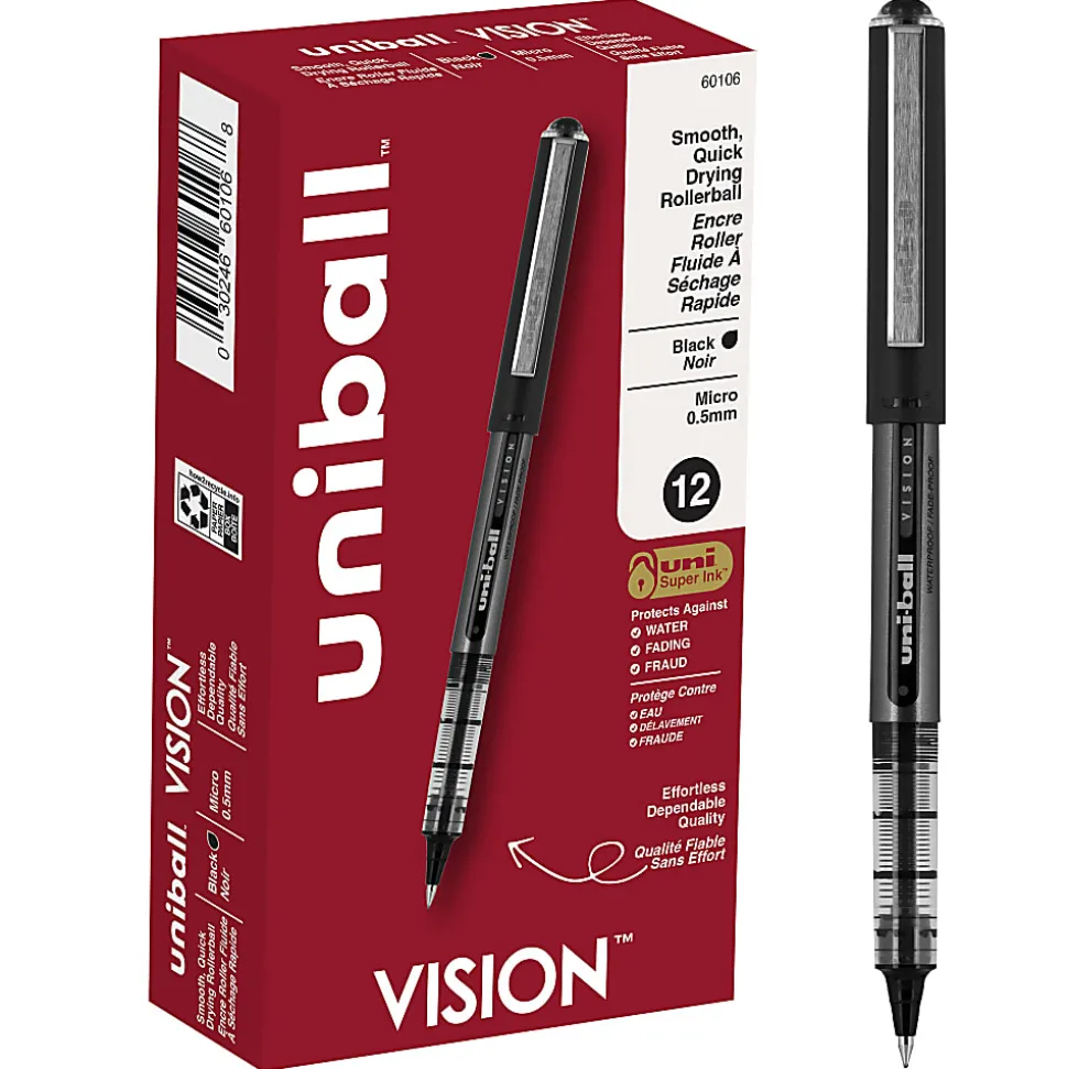 uni-ball® Vision™ Rollerball Pens, Micro Point, 0.5 mm, Black Barrel, Black Ink, Pack Of 12