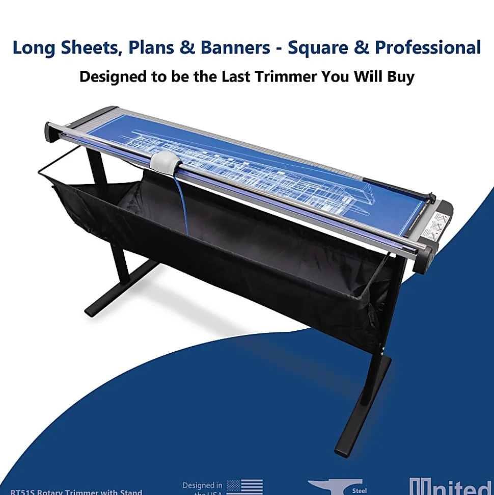 United Commercial Rotary Paper Trimmer With Stand And Fabric Catch Tray, 51”, Silver