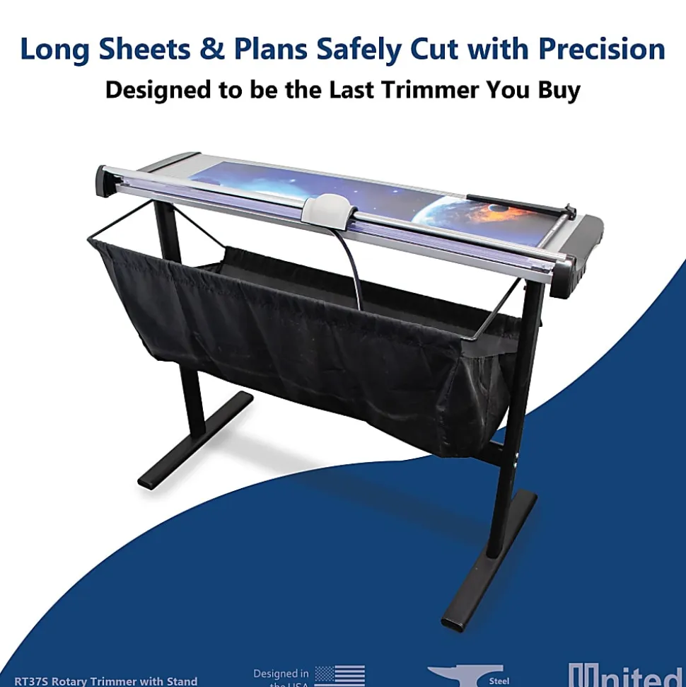 United Commercial Rotary Paper Trimmer With Stand And Fabric Catch Tray, 38”, Silver