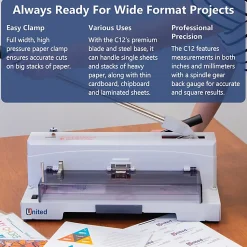 United C12 Tabletop Guillotine Paper Cutter With LED Laser Cut Line, 14.5”, Gray