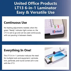 United LT13 6-In-1 Thermal & Cold Laminator With Paper Trimmer And Corner Rounder, 13"W, White/Black