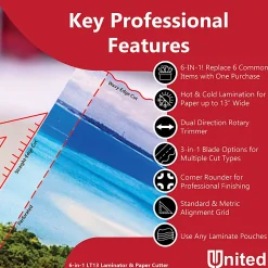 United LT13 6-In-1 Thermal & Cold Laminator With Paper Trimmer And Corner Rounder, 13