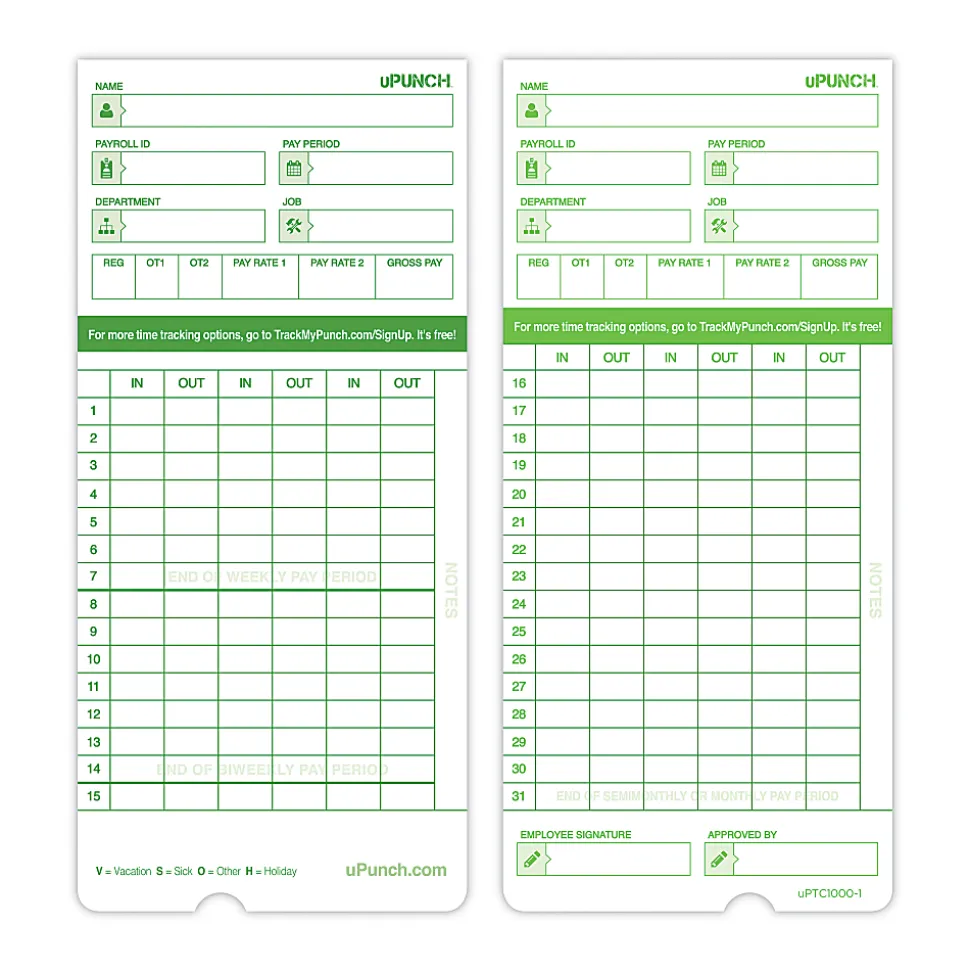 uPunch All Pay Periods Time Cards, 2-Sided, 3.5" x 7.5", Green, Pack Of 100, HNTCG1100