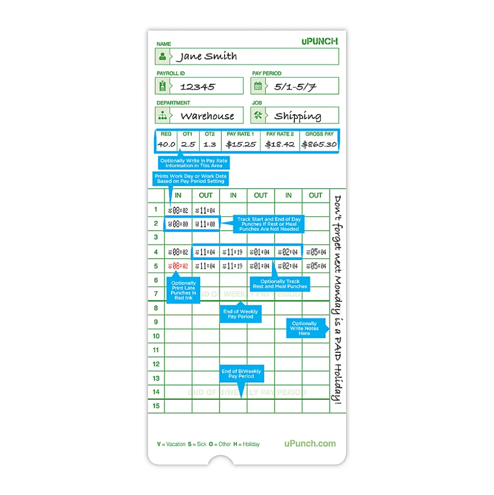 uPunch All Pay Periods Time Cards, 2-Sided, 3.5" x 7.5", Green, Pack Of 100, HNTCG1100