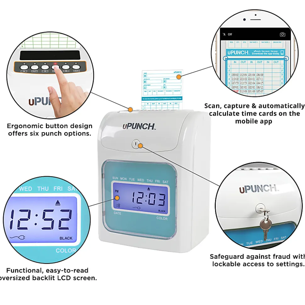 uPunch SB1200 Electronic Auto-Align Punch Time Clock Bundle, Unlimited Employees, 12"H x 11"W x 16"D