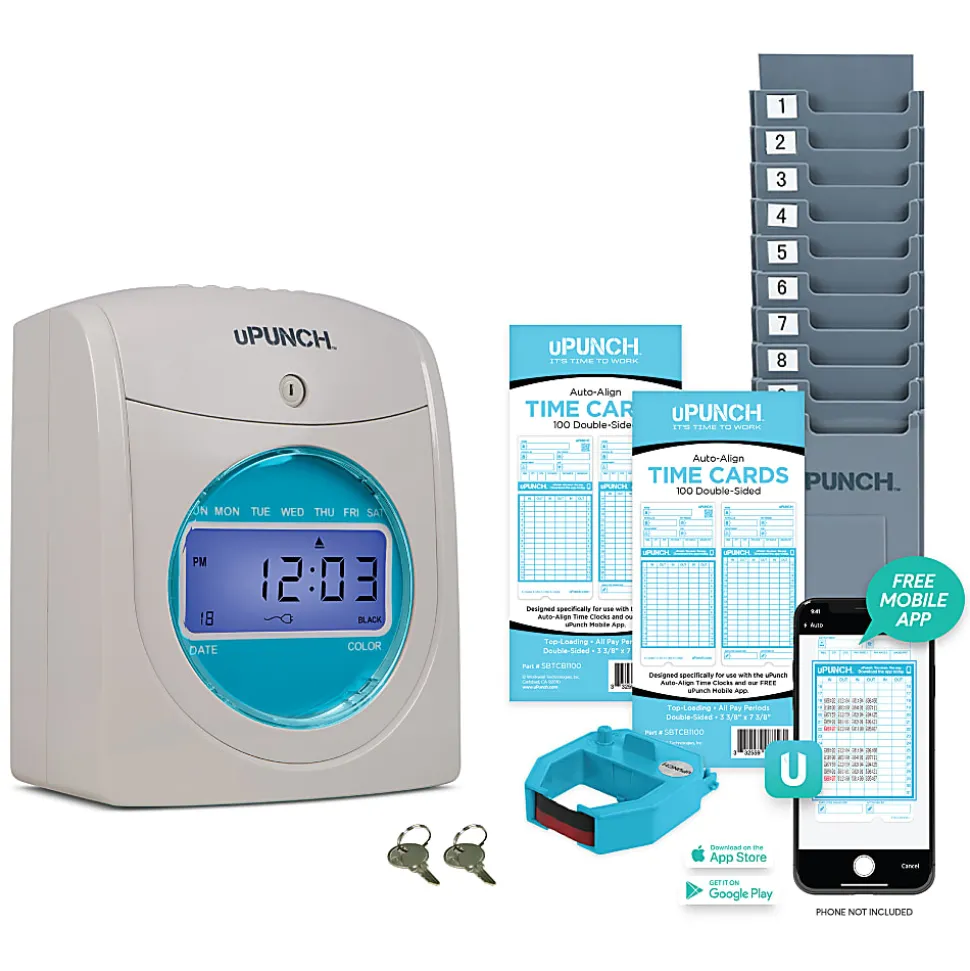uPunch SB1200 Electronic Auto-Align Punch Time Clock Bundle, Unlimited Employees, 12"H x 11"W x 16"D