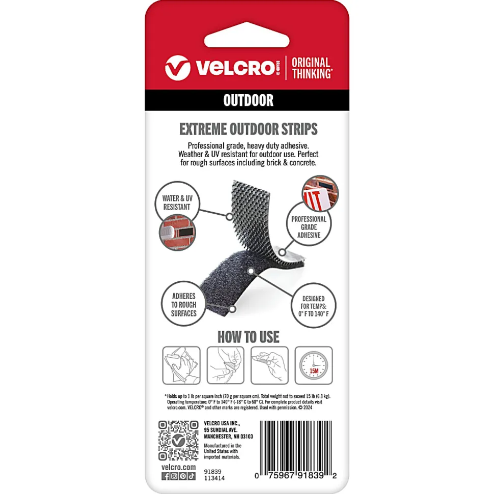 VELCRO® Brand Extreme Outdoor Sticky Back Strips, 4" x 2", Black, Total Qty 2