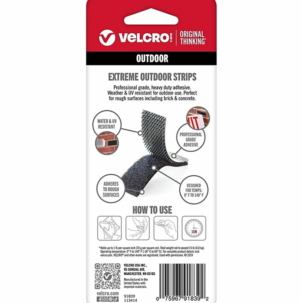 VELCRO® Brand Extreme Outdoor Sticky Back Strips, 4" x 2", Black, Total Qty 2