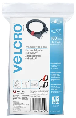 VELCRO® Brand ONE-WRAP® Thin Ties, 8" x 1/2", Assorted Colors, Pack Of 100 Ties