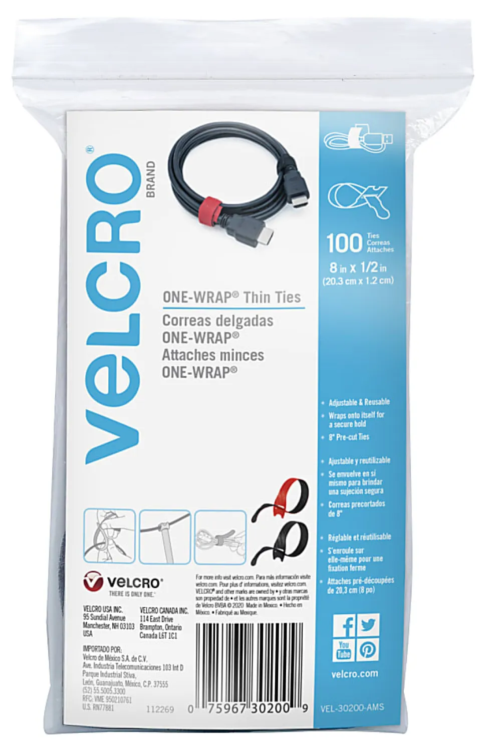 VELCRO® Brand ONE-WRAP® Thin Ties, 8" x 1/2", Assorted Colors, Pack Of 100 Ties
