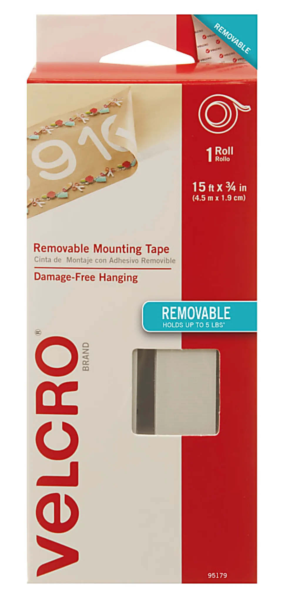VELCRO® Brand Removable Mounting Tape, 0.75" x 15', White