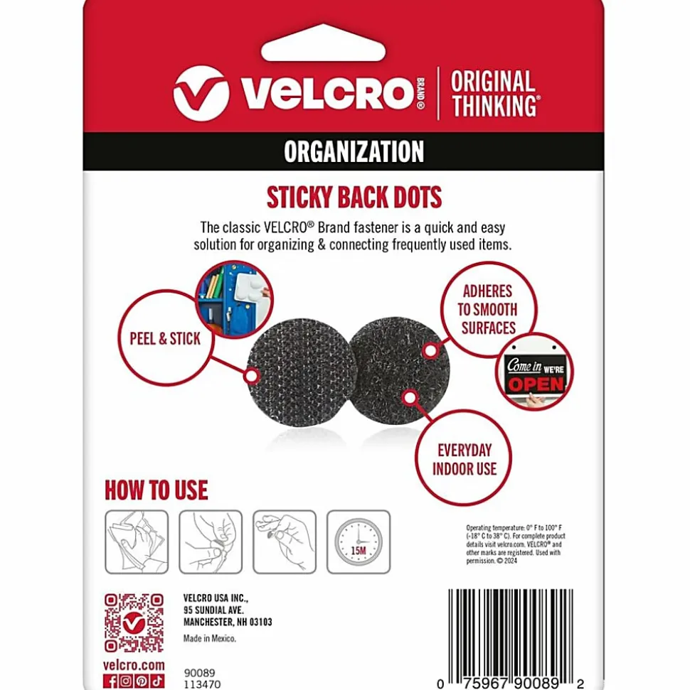 VELCRO® Brand Sticky-Back Fasteners, Removable Adhesive, 0.63" dia, Black, 75/Pack