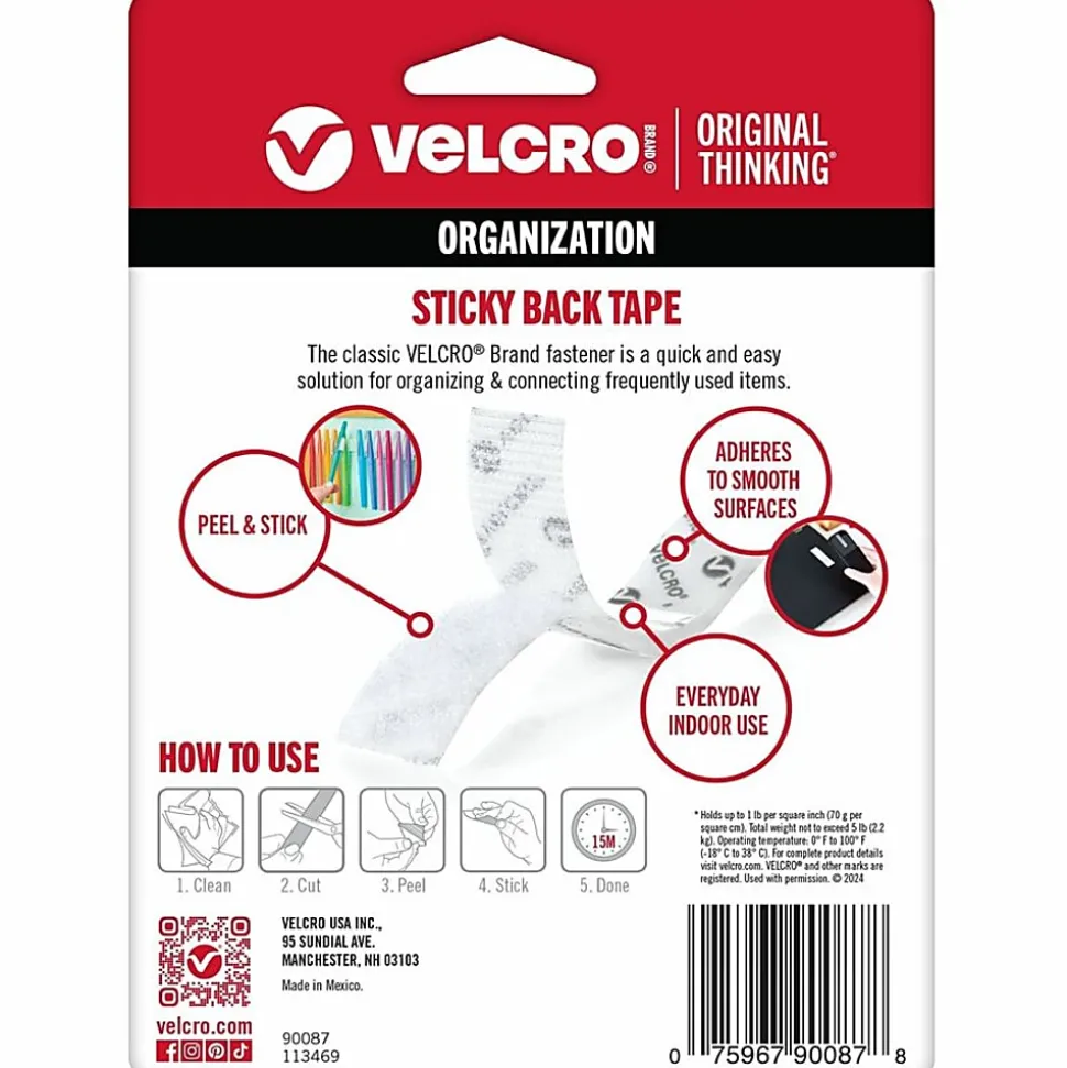 VELCRO® Brand Sticky Back Fastener Tape Roll, 3/4" x 5', White