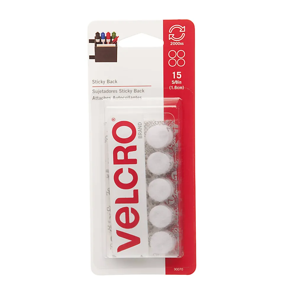 VELCRO® Brand STICKY BACK® Fasteners, 5/8", Coin, White, Pack of 15
