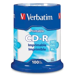 Verbatim® CD-R Printable Disc Spindle, Blue/White, Pack Of 100
