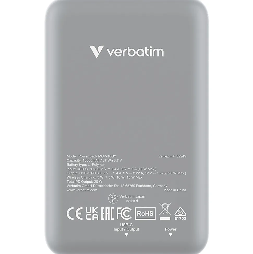 Verbatim Charge 'n' Go Magnetic Wireless Power Bank, Gray, 32249