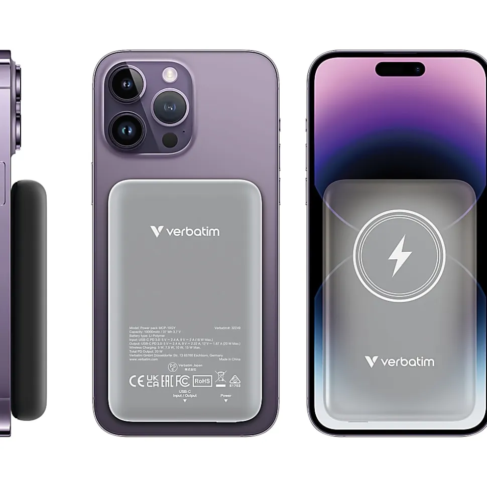 Verbatim Charge 'n' Go Magnetic Wireless Power Bank, Gray, 32249
