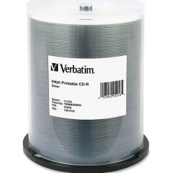 Verbatim® Inkjet-Printable CD-R Disc Spindle, Silver, Pack Of 100