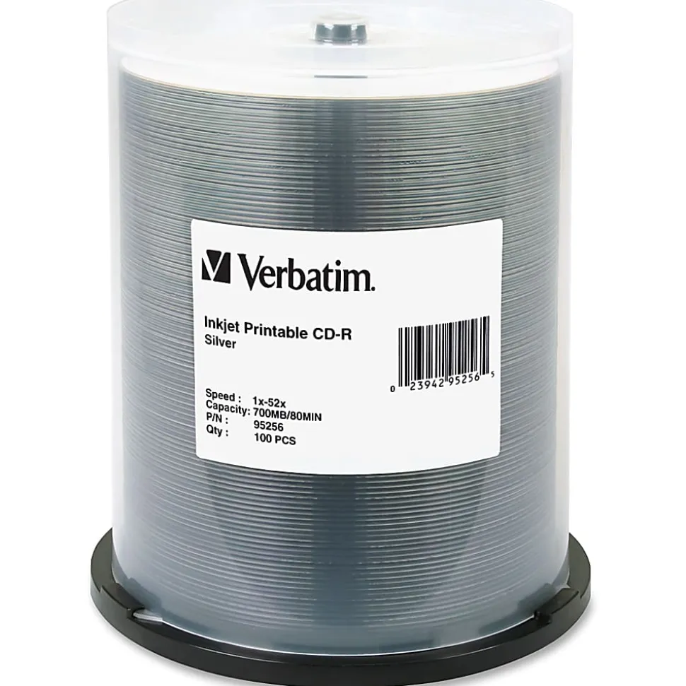 Verbatim® Inkjet-Printable CD-R Disc Spindle, Silver, Pack Of 100