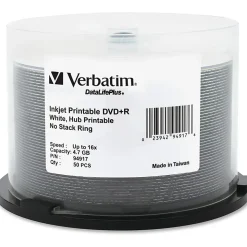 Verbatim Inkjet Printable DVD+R Discs, 4.7GB, 16x, Spindle, White, 50/Pack
