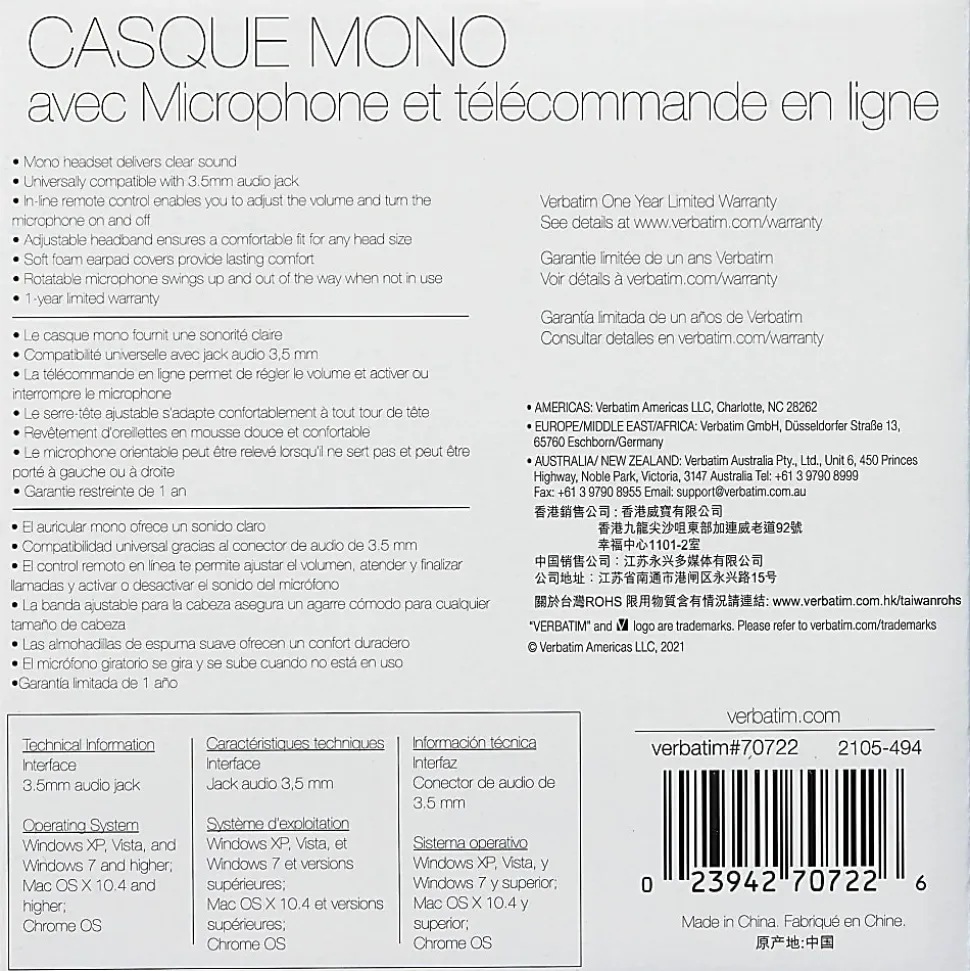 Verbatim Mono Headset with Microphone and In-Line Remote - Mono - Mini-phone (3.5mm) - Wired - 32 Ohm - 70722