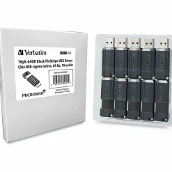 Verbatim® PinStripe USB Flash Drive, 64GB, Black, Pack Of 10