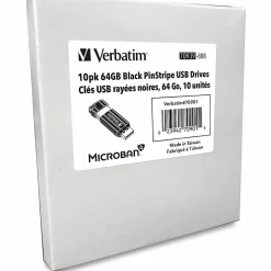 Verbatim® PinStripe USB Flash Drive, 64GB, Black, Pack Of 10