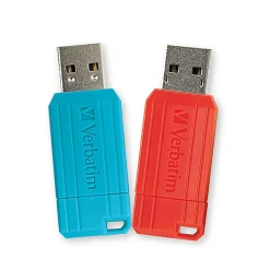 Verbatim® PinStripe USB 2.0 Flash Drives, 64GB, Blue/Red, 2 Pack