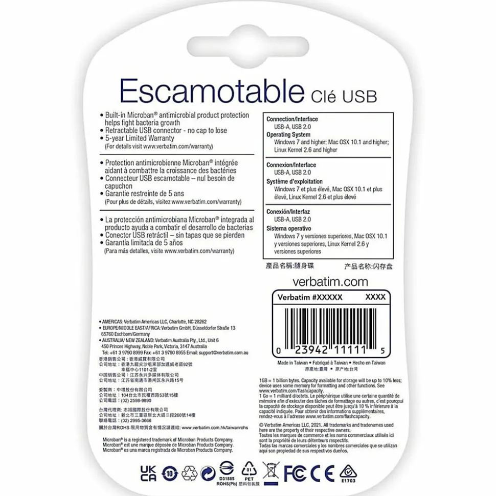 Verbatim Retractable USB 2.0 Flash Drive, 8GB, Blue
