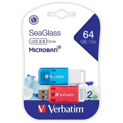 Verbatim® SeaGlass USB 2.0 Flash Drives, 64GB, Assorted Colors, Pack Of 2