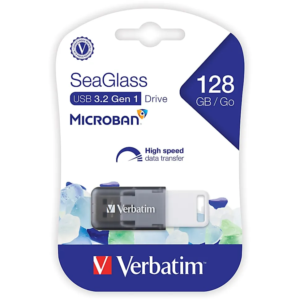 Verbatim® SeaGlass USB 3.2 Gen 1 Flash Drive, 128GB, Gray