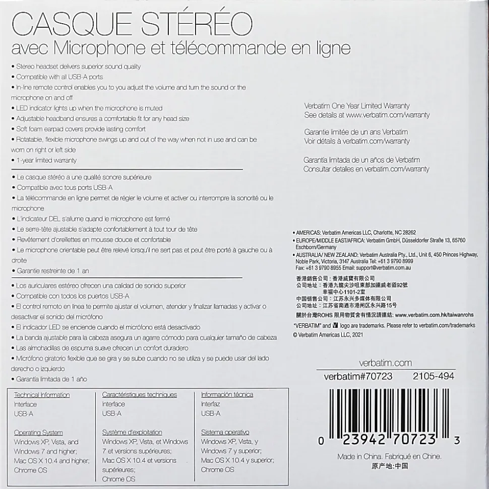 Verbatim Stereo Headset with Microphone and In-Line Remote - Stereo - USB Type A - Wired - 32 Ohm - 20 Hz to 20 kHz - 70723