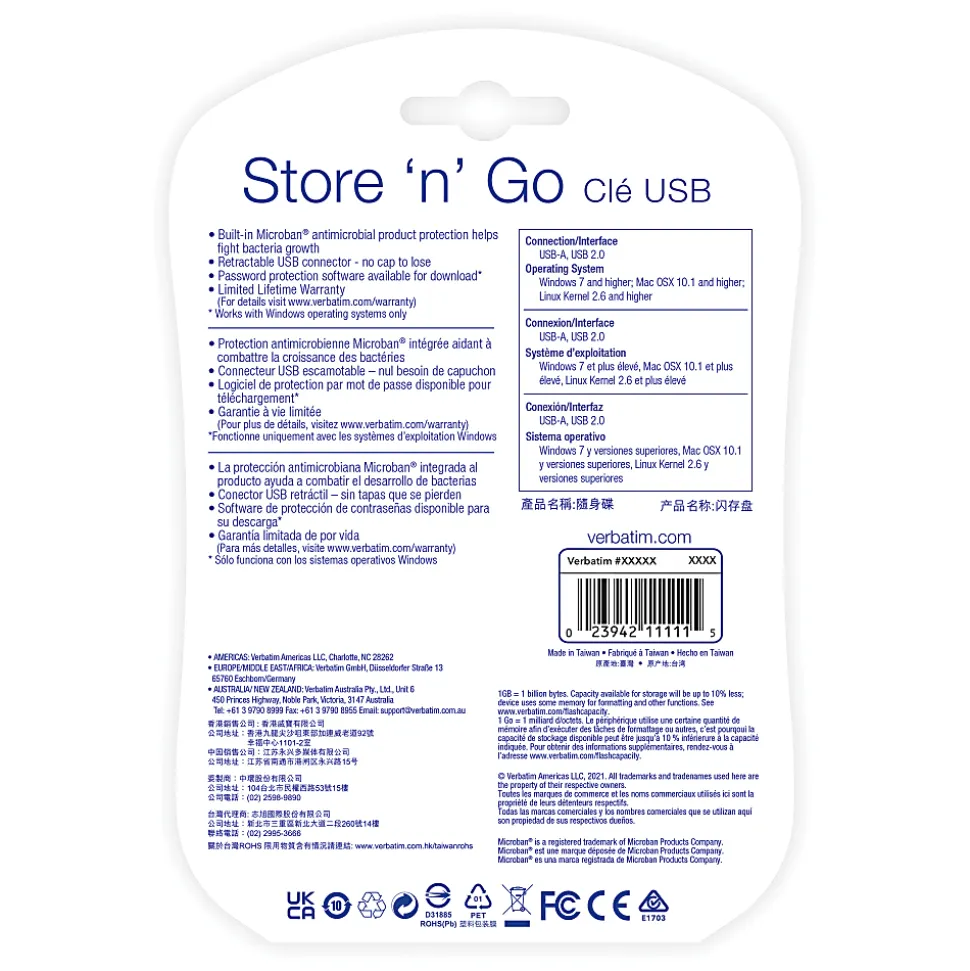Verbatim® 70897 Store 'n' Go® USB-A Flash Drives, 32GB, Assorted Colors, Pack Of 5 Flash Drives