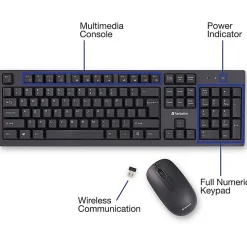 Verbatim Wireless Keyboard and Mouse - USB Type A Wireless Bluetooth 2.40 GHz Keyboard - USB Type A Wireless Mouse - 70724