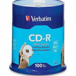 Verbatim® 52X CD-R Discs With Blank White Surface, 700MB/80 Minutes, Pack Of 100