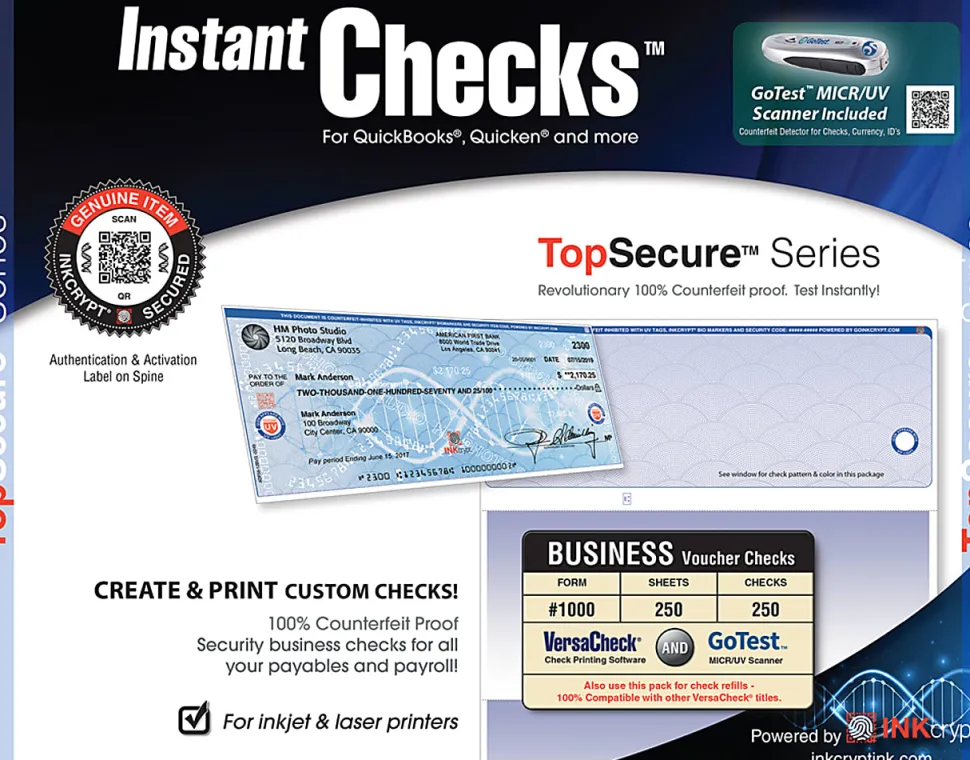 VersaCheck Instant Checks TopSecure Bundle, Form #1000, Business Voucher, Blue Elite, 250 Sheets, Download/Disc/Product Key