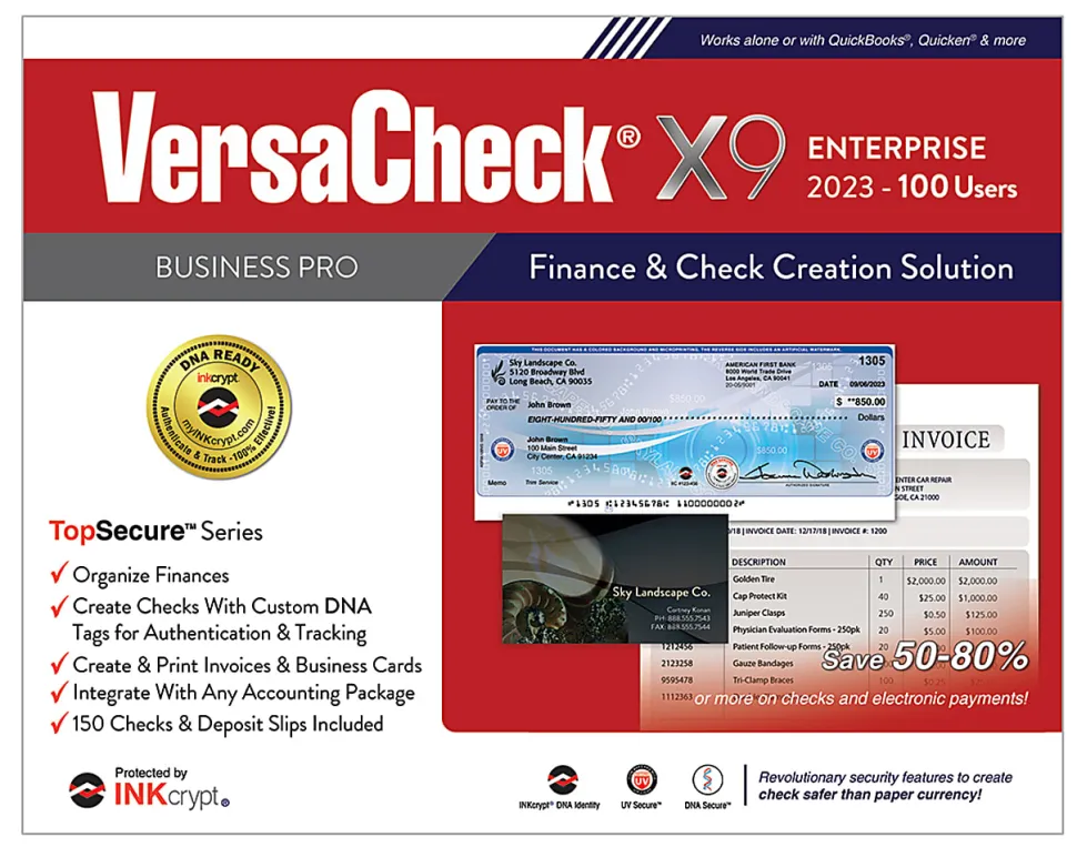 VersaCheck® X9 INKcrypt Enterprise Software, 2023, For 100 Users, Windows® 8.1/10/11, Disc/Product Key