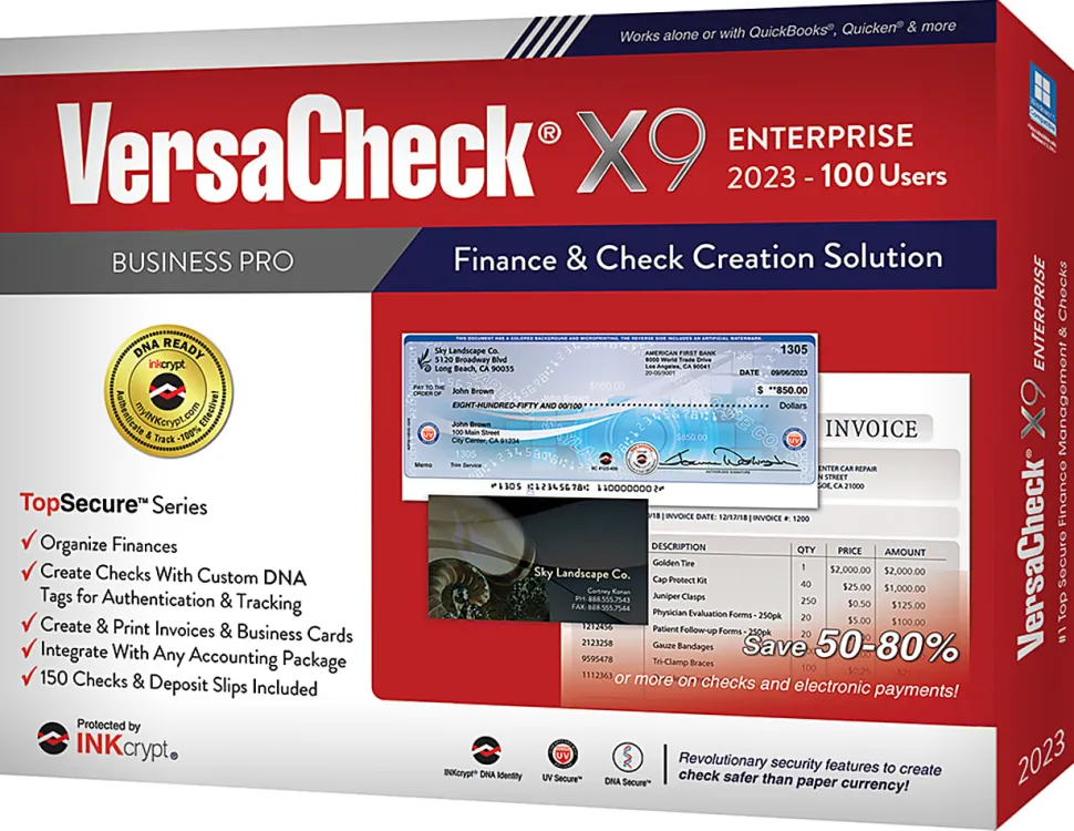 VersaCheck® X9 INKcrypt Enterprise Software, 2023, For 100 Users, Windows® 8.1/10/11, Disc/Product Key