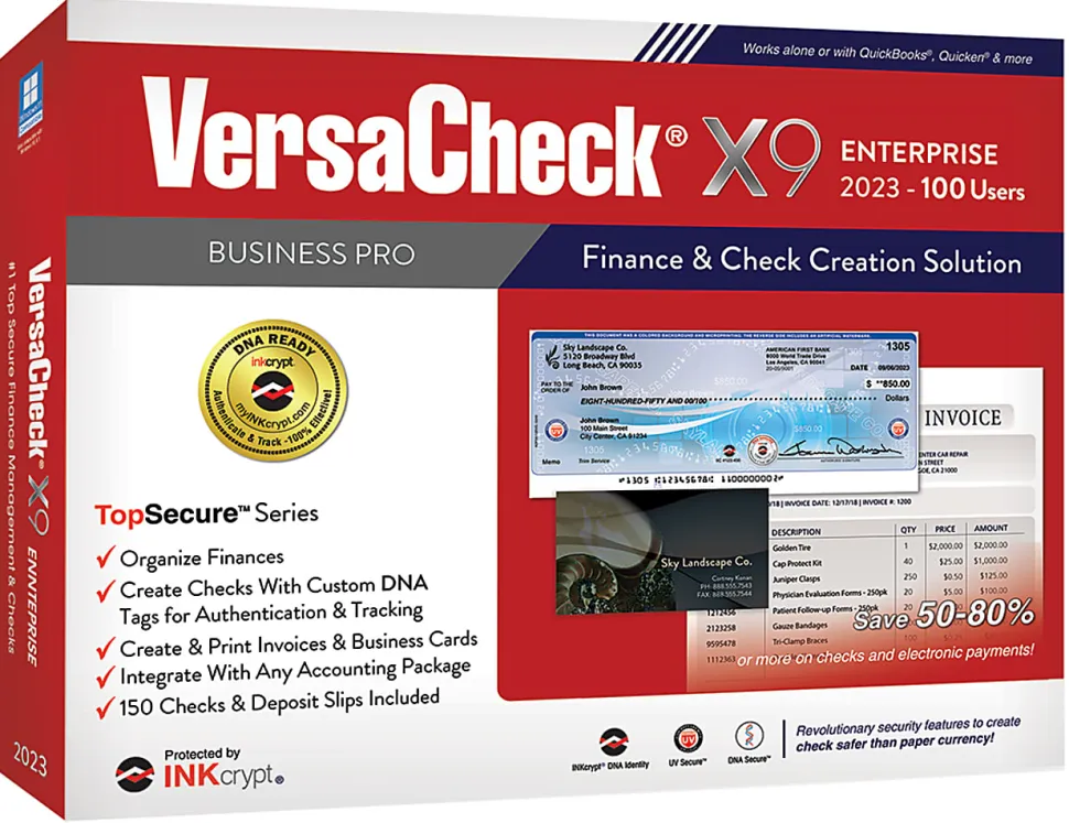 VersaCheck® X9 INKcrypt Enterprise Software, 2023, For 100 Users, Windows® 8.1/10/11, Disc/Product Key