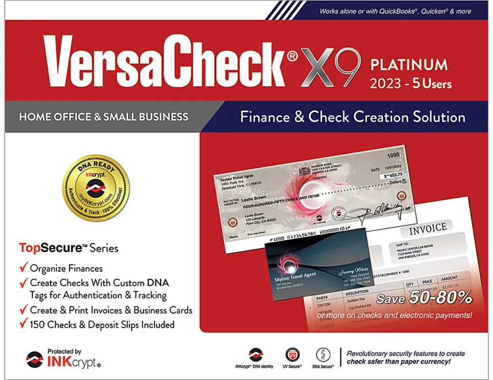 VersaCheck® X9 INKcrypt Platinum Software, 2023, For 5 Users, Windows® 8.1/10/11, Disc/Product Key