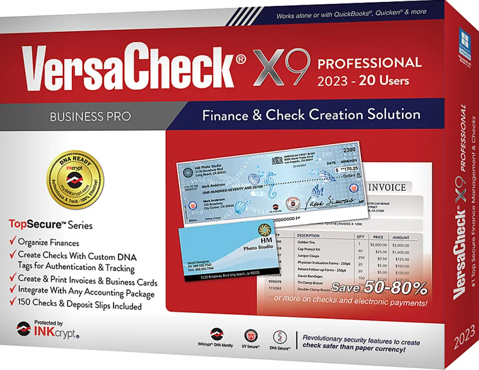 VersaCheck® X9 INKcrypt Professional Software, 2023, For 20 Users, Windows® 8.1/10/11, Disc/Product Key