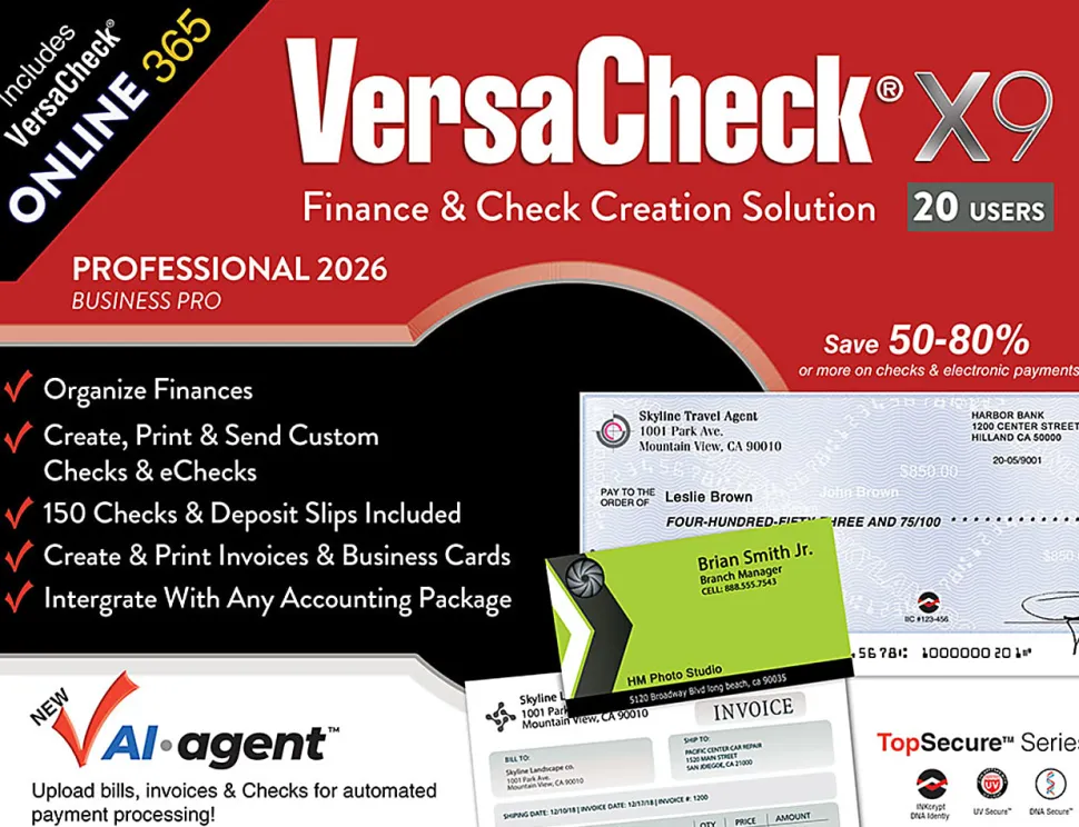VersaCheck X9 Professional 2026 + VersaCheck ONLINE Pro Bundle, 20 Users, 1-Year Subscription, PC, Download