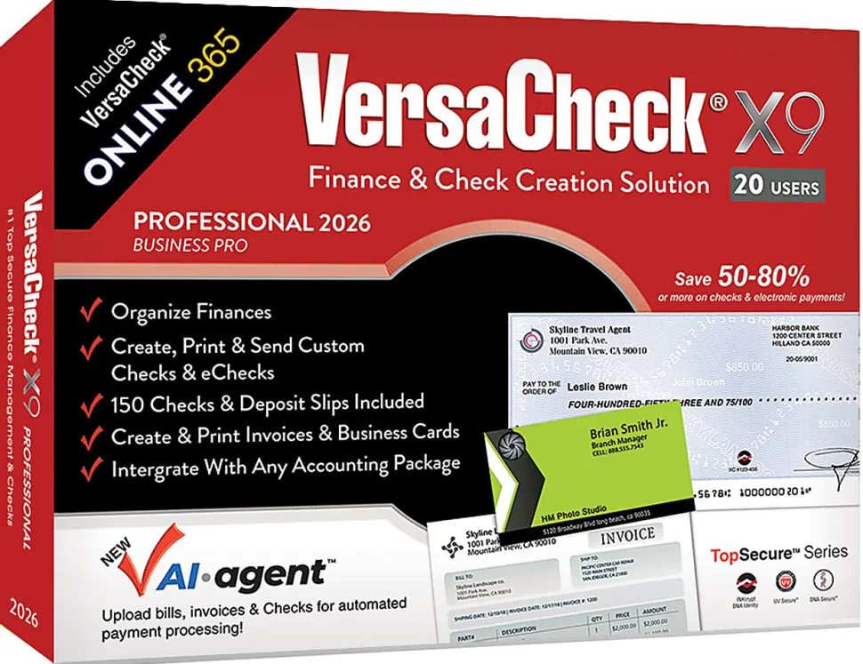 VersaCheck X9 Professional 2026 + VersaCheck ONLINE Pro Bundle, 20 Users, 1-Year Subscription, PC, Download