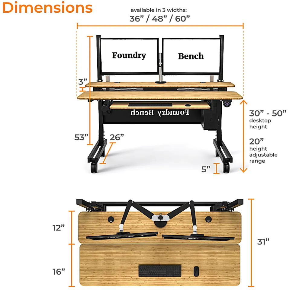 VersaDesk® Foundry Bench® Electric Portable Height Adjustable Standing Desk, 48”W, Black/Bamboo